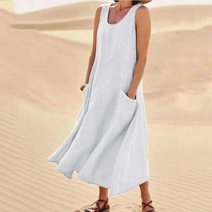 Ärmelloses Kleid aus Baumwolle und Leinen mit Taschen für Damen