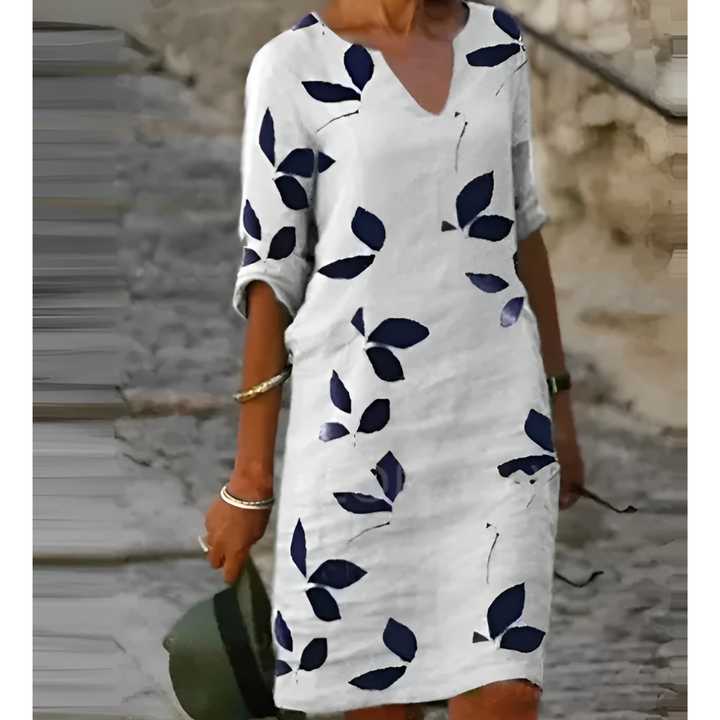 Sommerkleid mit 3/4-Ärmeln und Blattmuster | Mini