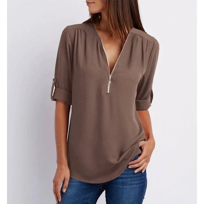 Marta | Blusa taglie forti a maniche 3/4 ampia con cerniera