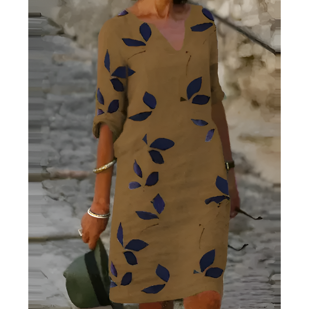 Sommerkleid mit 3/4-Ärmeln und Blattmuster | Mini