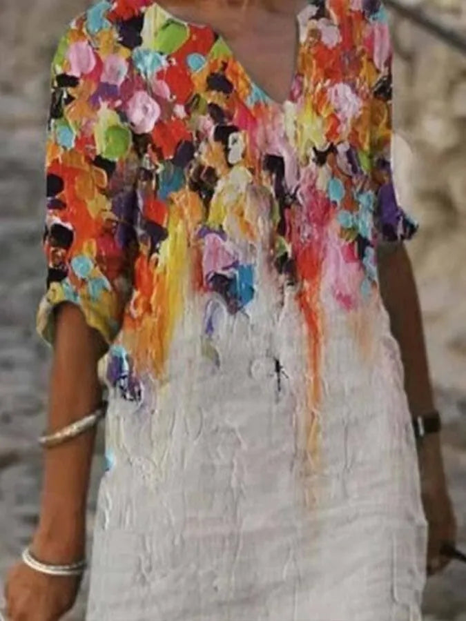 Damenkleid aus Baumwolle und Leinen mit Ausschnitt und Ölmalerei-Print