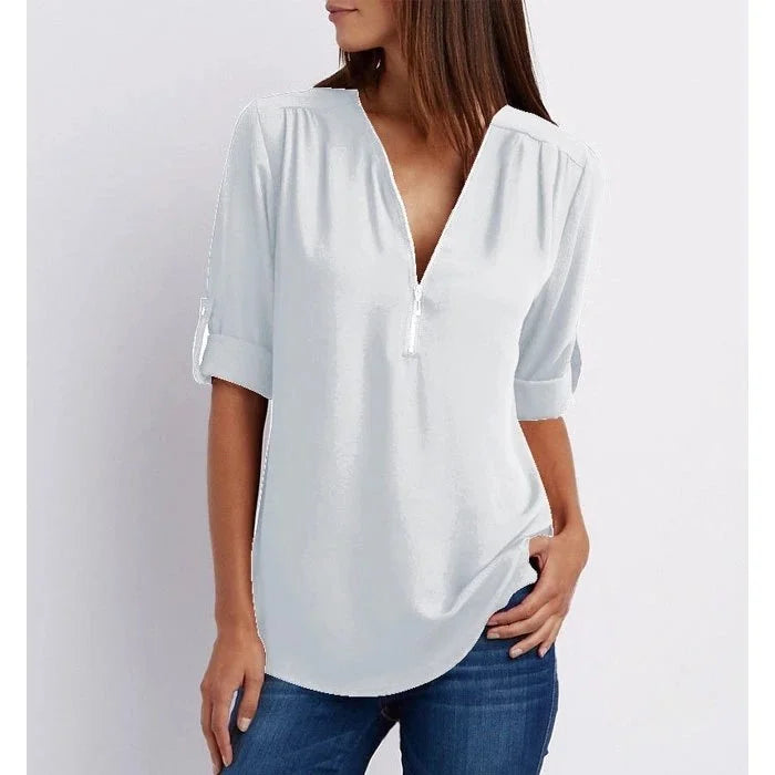 Marta | Blusa taglie forti a maniche 3/4 ampia con cerniera