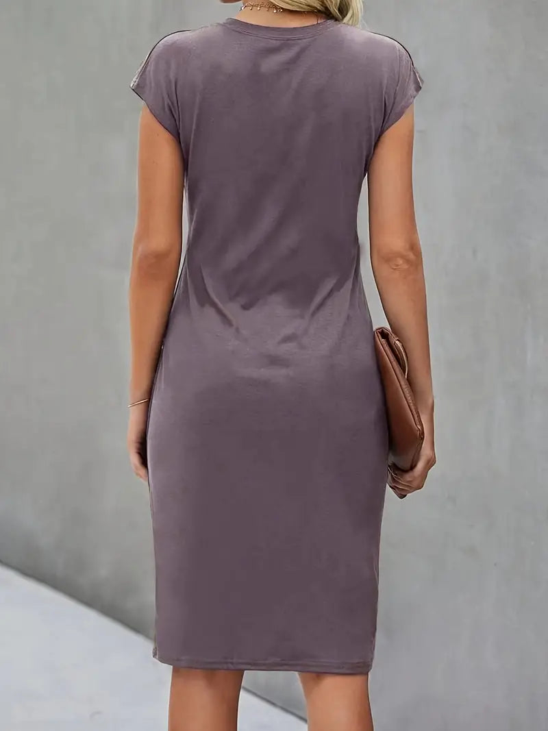 Robe Midi Cintrée Femme – Manches Courtes – Détail Froncé à la Taille – Style Chic et Confortable