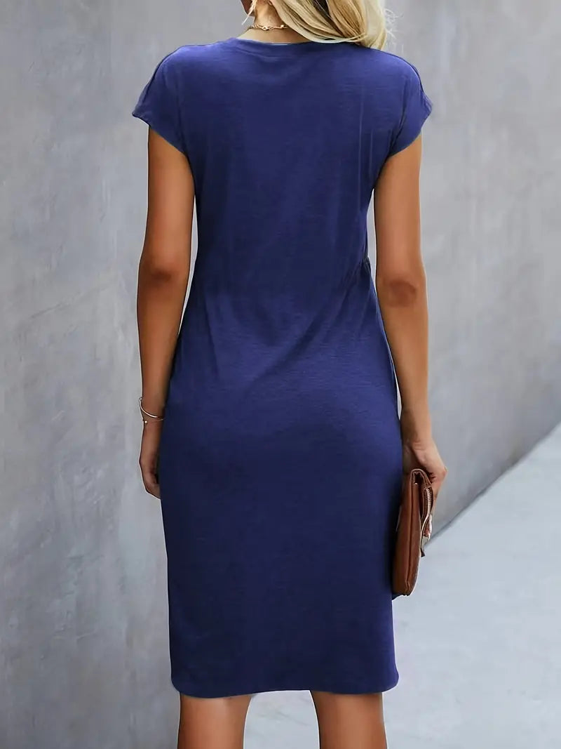 Robe Midi Cintrée Femme – Manches Courtes – Détail Froncé à la Taille – Style Chic et Confortable