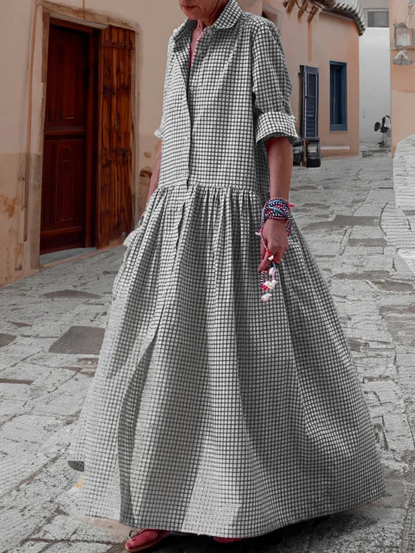 Robe décontractée à manches longues en coton, lin et tissu à carreaux