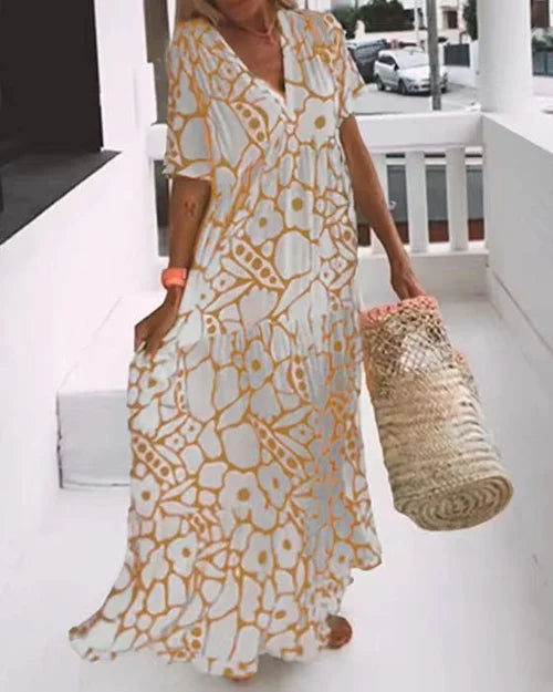 Robe Longue Bohème à Imprimé Floral – Élégance Décontractée pour Été, Vacances et Bord de Mer