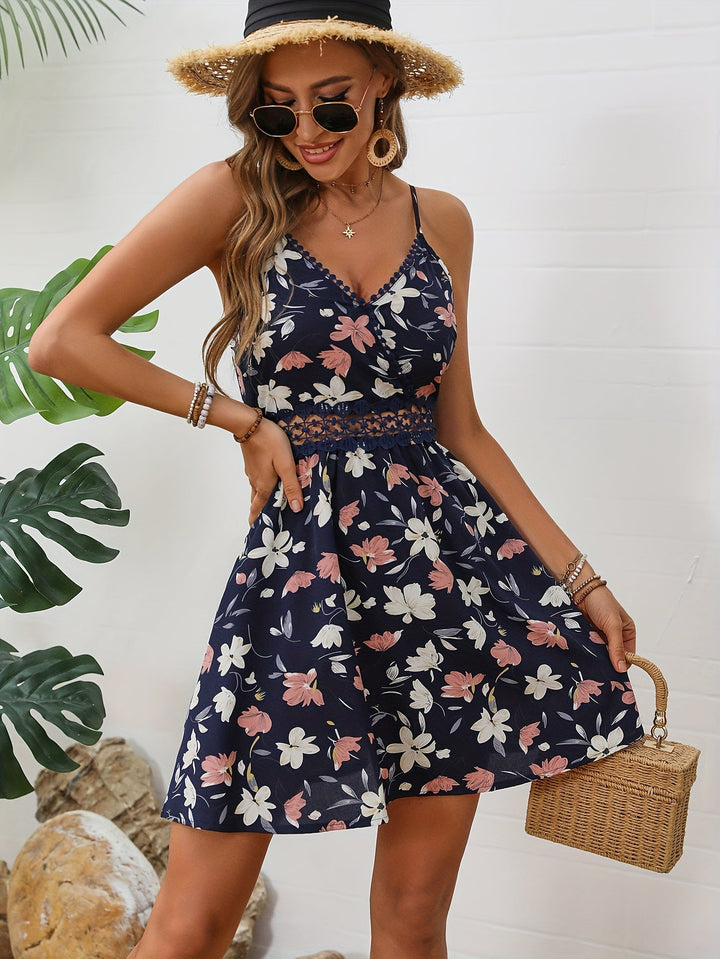 Vestito elegante a fiori con dettaglio in pizzo e sottili spalline