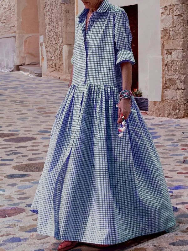 Robe décontractée à manches longues en coton, lin et tissu à carreaux