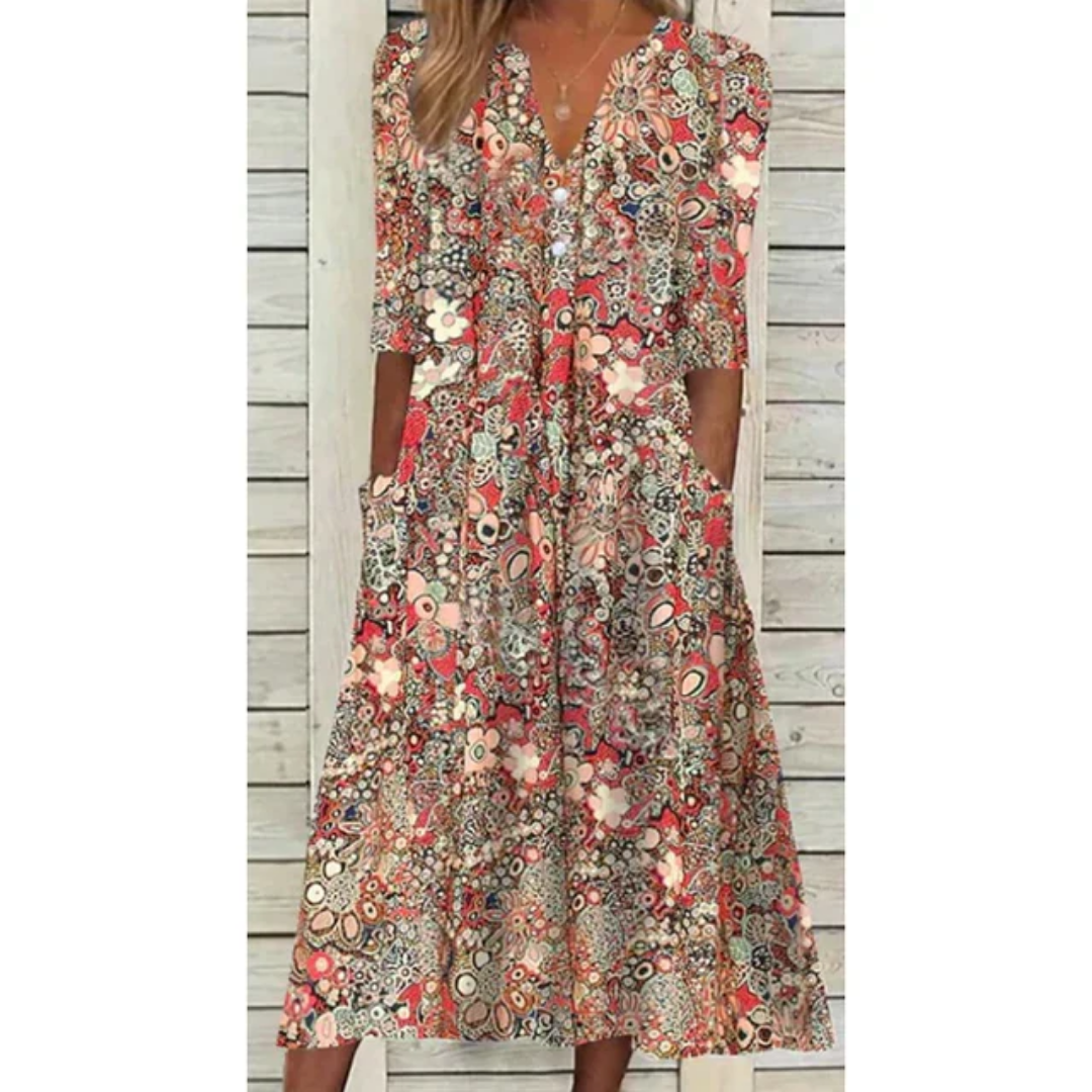 Sommerkleid im Boho-Stil mit Raffung für Damen | Midi