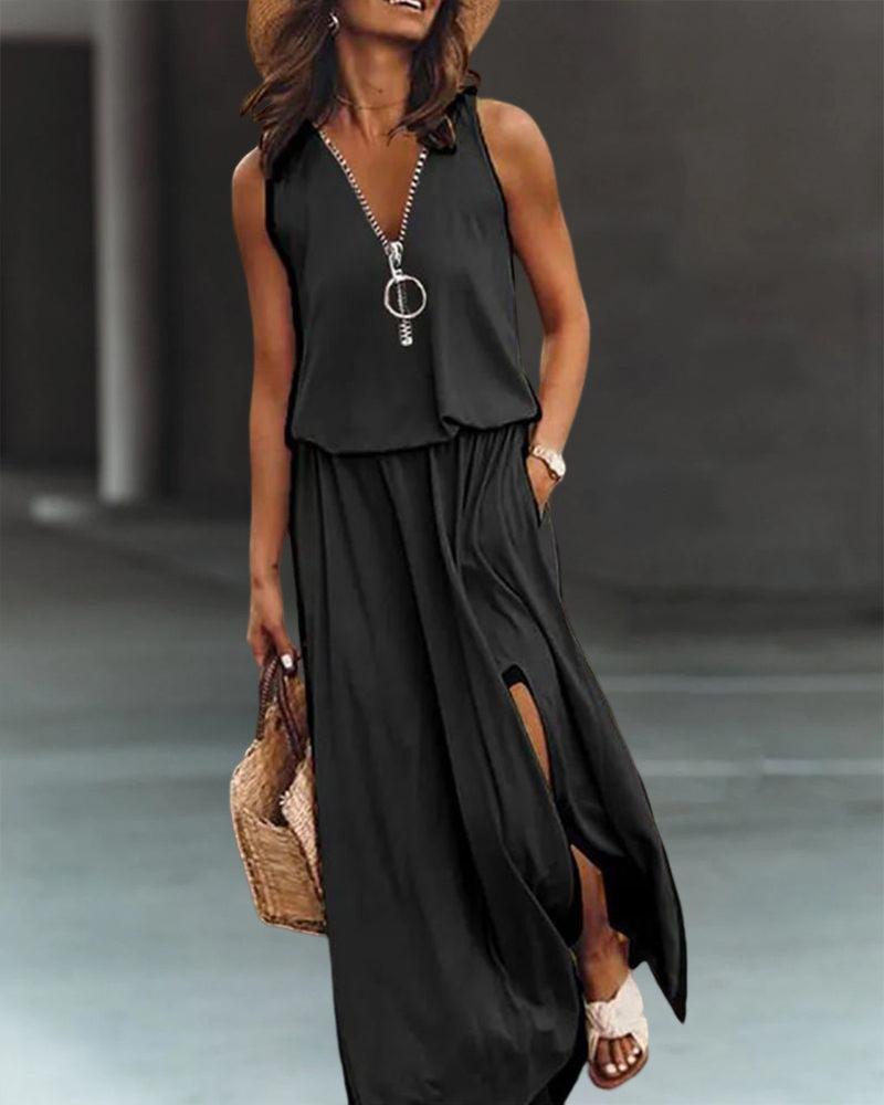 Leyra - Robe longue fluide avec fermeture éclair et fente