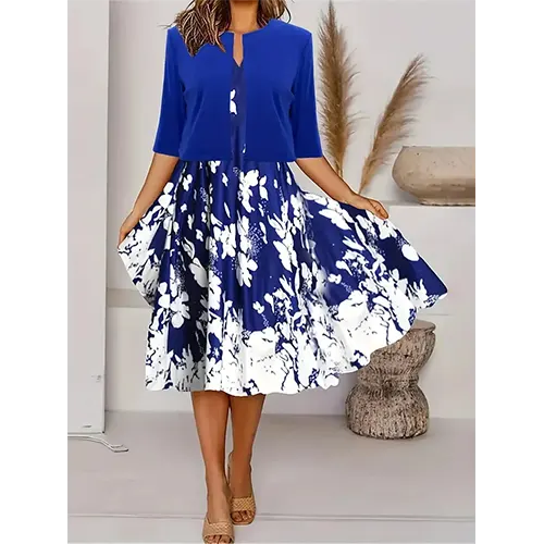 Abito floreale con blazer per donne invitate a un matrimonio | Midi