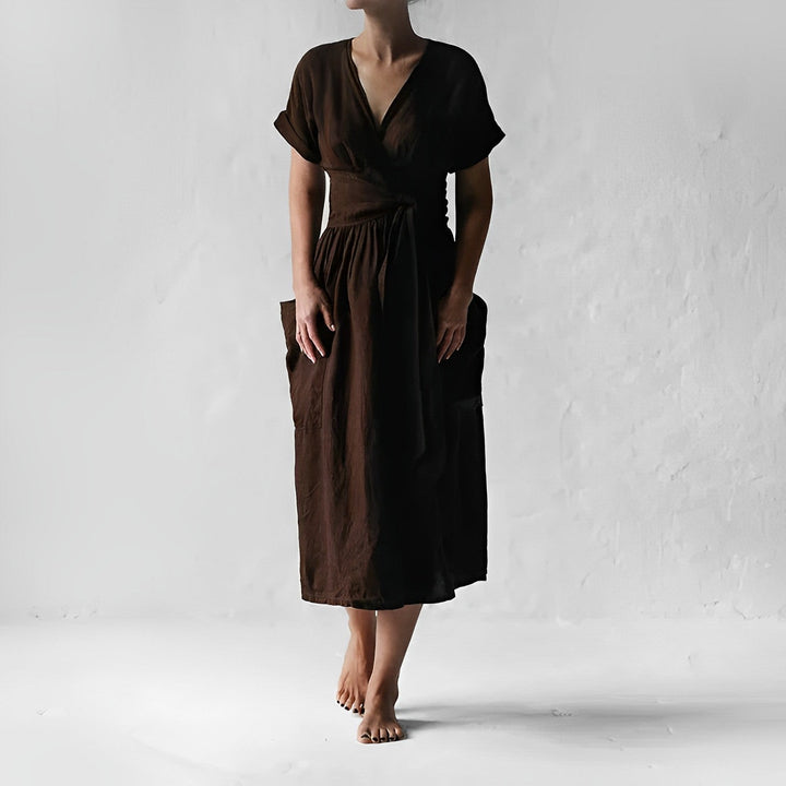 Robe Midi Femme – Style Enveloppant avec Taille Drapée & Grandes Poches – Élégance Minimaliste Décontractée
