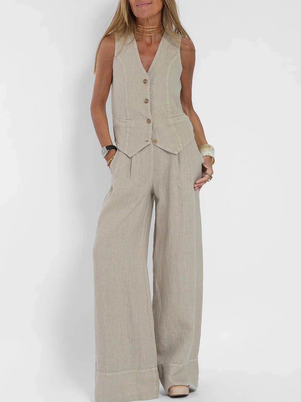 Ensemble deux pièces en lin tweed avec gilet - Élégant et respirant