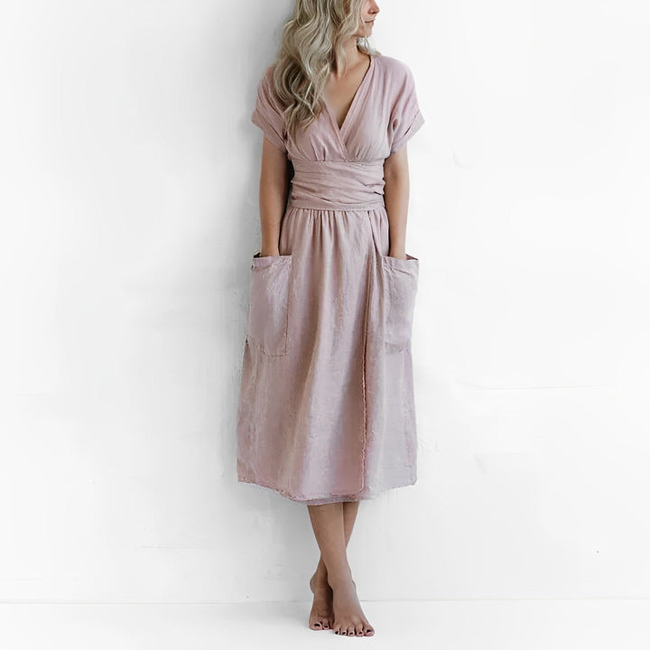Robe Midi Femme – Style Enveloppant avec Taille Drapée & Grandes Poches – Élégance Minimaliste Décontractée