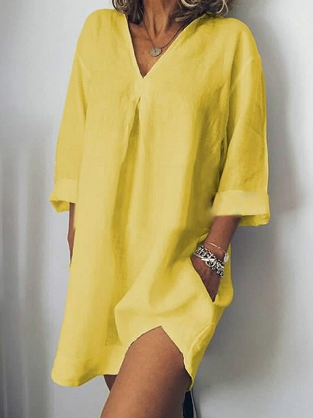 Tunique Courte Femme en Lin – Robe Décontractée à Manches 3/4 et Col V, Style Estival Chic