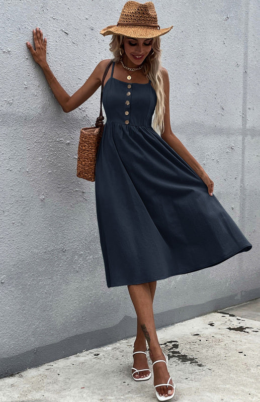 Robe Évasée Femme Été Bretelles Fines – Boutonnée, Style Décontracté Bohème