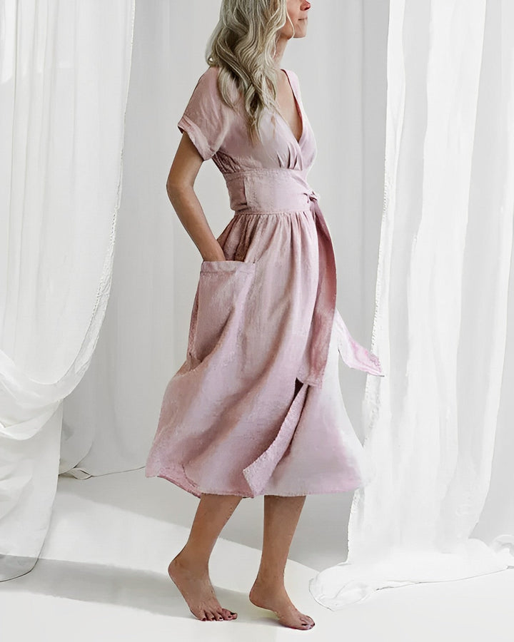 Robe Midi Femme – Style Enveloppant avec Taille Drapée & Grandes Poches – Élégance Minimaliste Décontractée