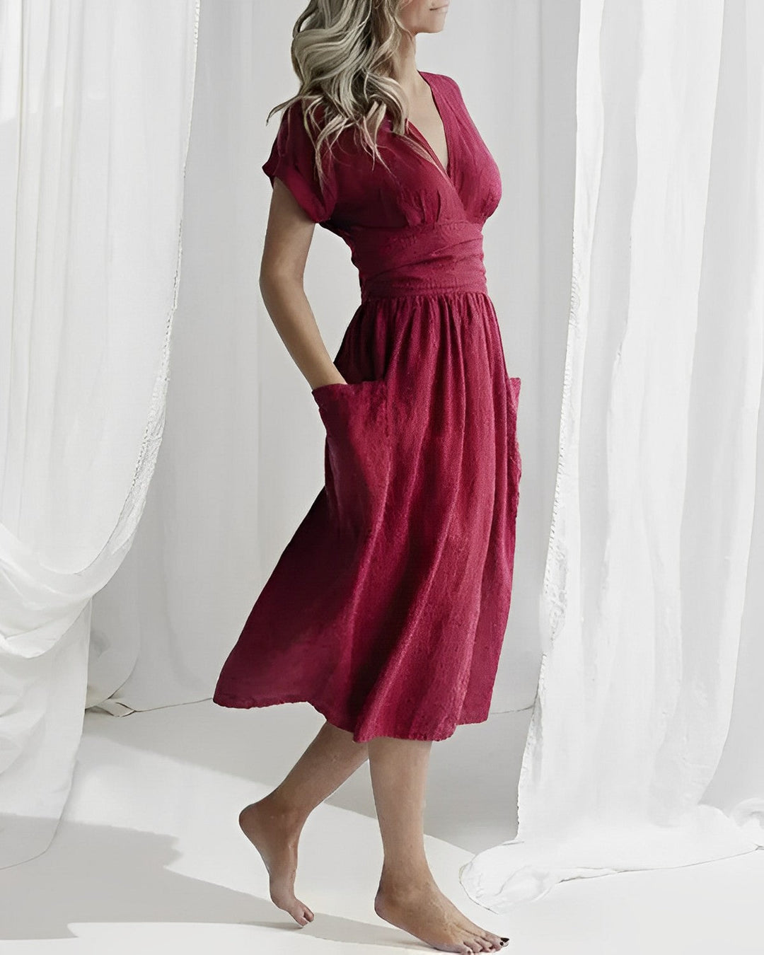 Robe Midi Femme – Style Enveloppant avec Taille Drapée & Grandes Poches – Élégance Minimaliste Décontractée