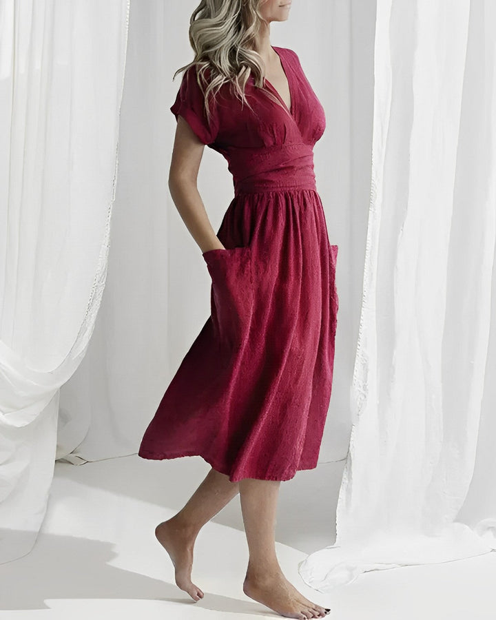 Robe Midi Femme – Style Enveloppant avec Taille Drapée & Grandes Poches – Élégance Minimaliste Décontractée