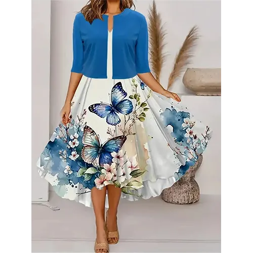 Abito floreale con blazer per donne invitate a un matrimonio | Midi