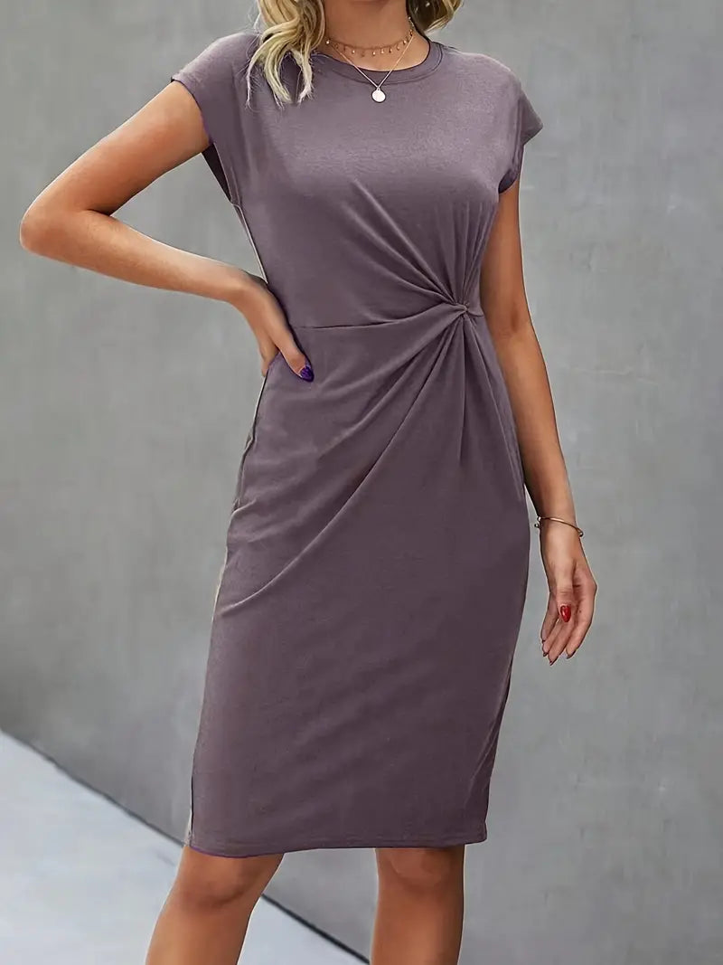 Robe Midi Cintrée Femme – Manches Courtes – Détail Froncé à la Taille – Style Chic et Confortable
