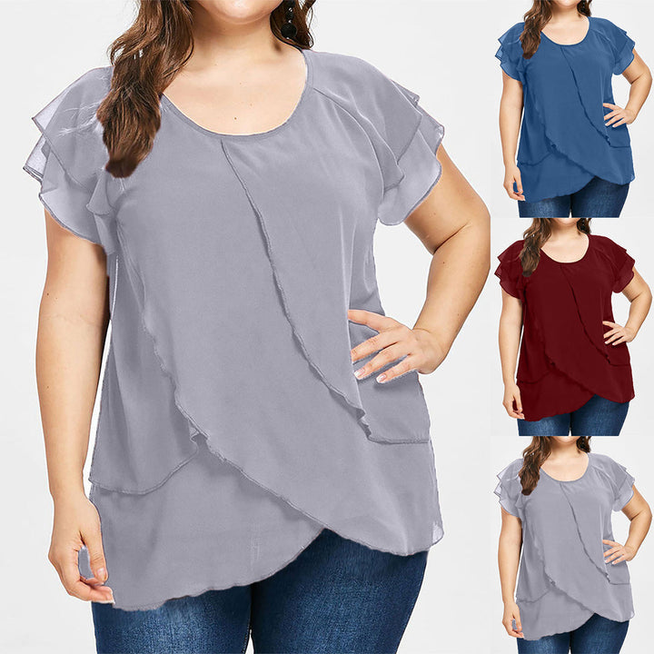 Blouse grande taille femme élégante – T-shirt fluide manches courtes à volants superposés