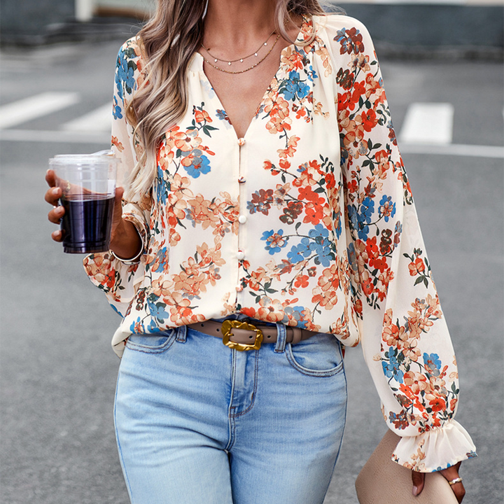 Blouse Femme Fluide à Imprimé Floral – Manches Longues Bouffantes – Col V Élégant – Look Décontracté Chic