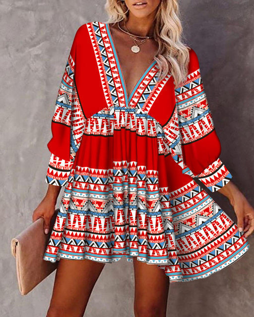 Robe Courte Bohème Femme – Décolleté Plongeant & Manches Longues – Imprimé Tribal Ethnique