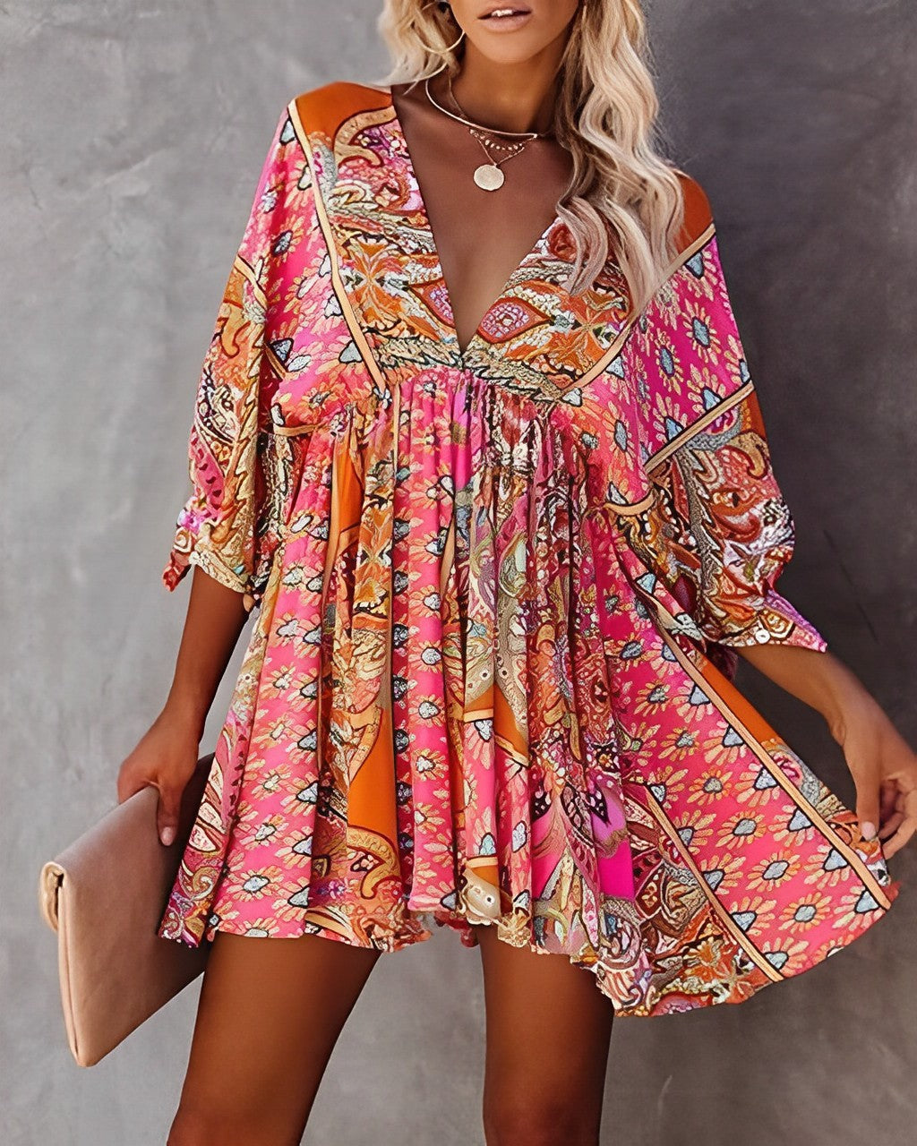 Robe Courte Bohème Femme – Décolleté Plongeant & Manches Longues – Imprimé Tribal Ethnique
