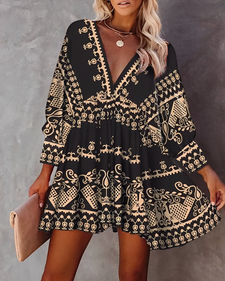 Robe Courte Bohème Femme – Décolleté Plongeant & Manches Longues – Imprimé Tribal Ethnique