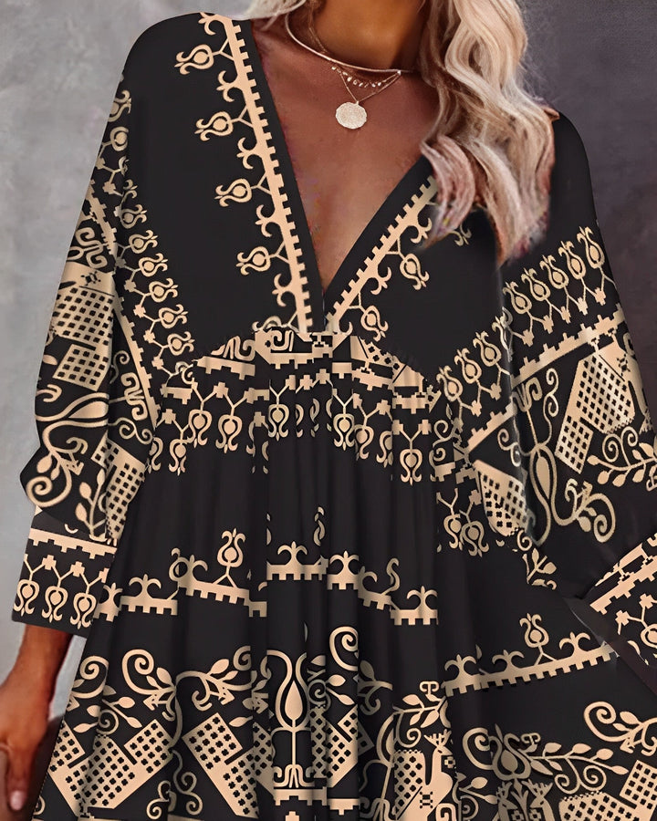 Robe Courte Bohème Femme – Décolleté Plongeant & Manches Longues – Imprimé Tribal Ethnique