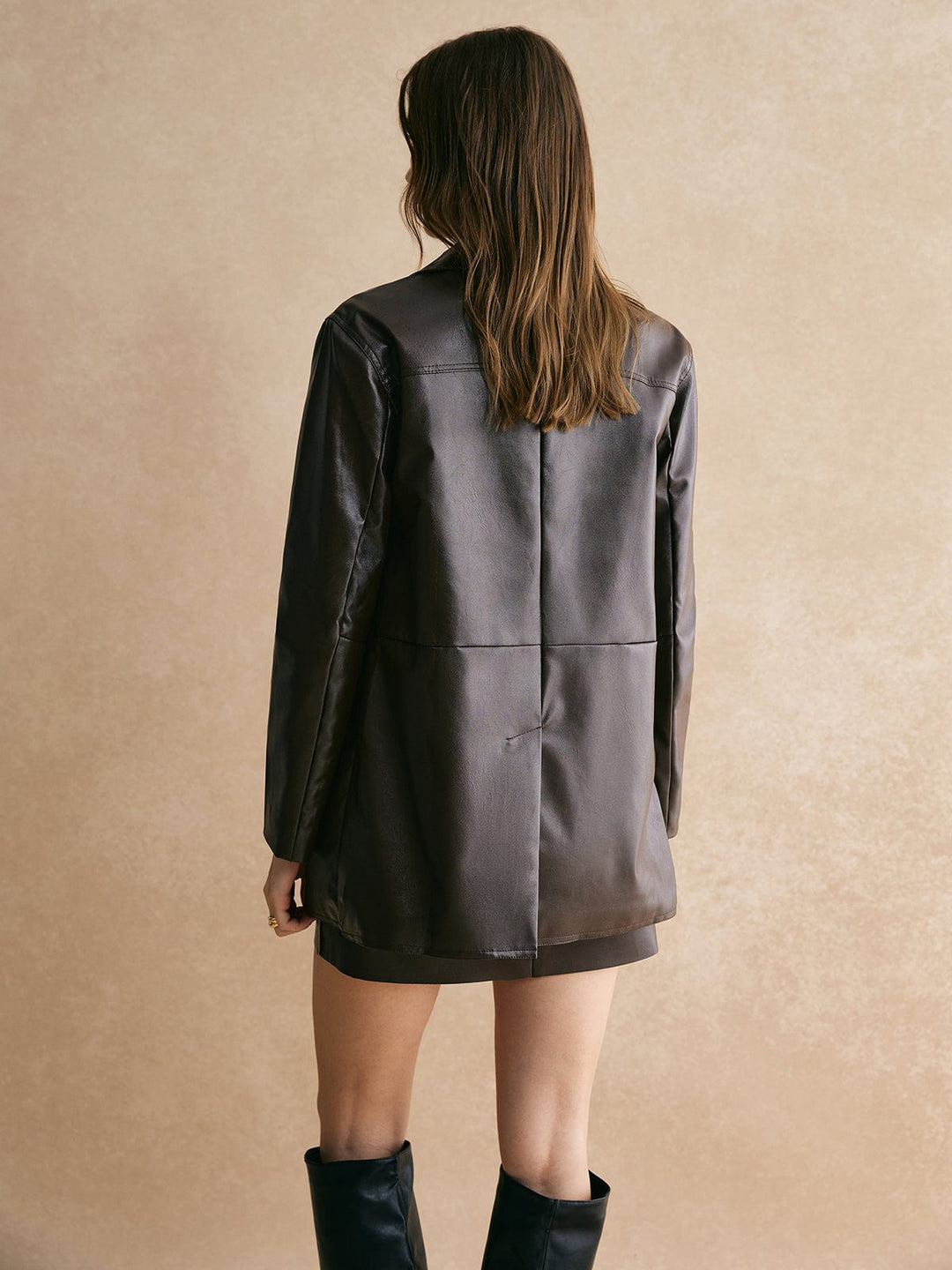 Blazer Élégant à Poches en Faux Cuir - Manches Longues