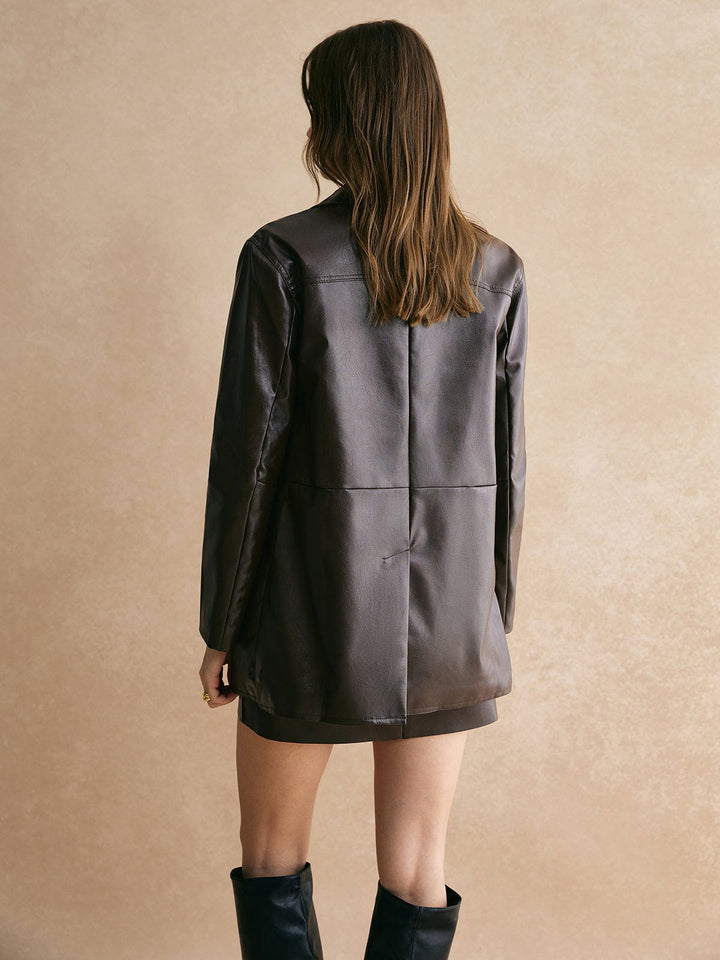Blazer Élégant à Poches en Faux Cuir - Manches Longues