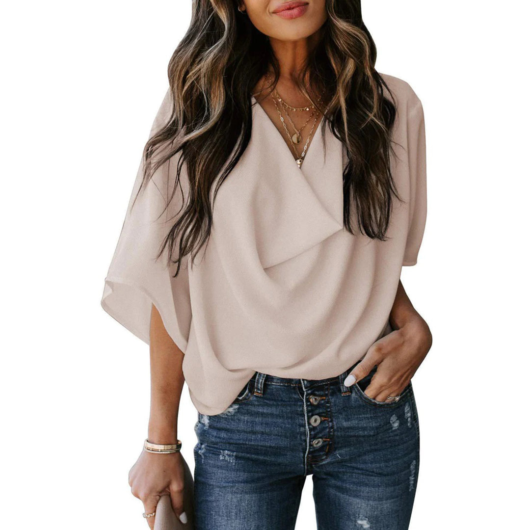 Blouse femme fluide rose – Haut chic à col drapé et manches chauve-souris, style décontracté élégant