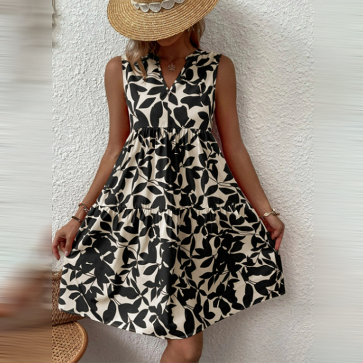 Robe Courte Évasée Femme – Sans Manches & Imprimé Feuilles – Parfaite pour Été & Vacances