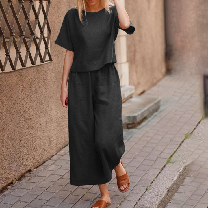 Ensemble Femme Lin Décontracté – Haut Court & Pantalon Large Taille Élastique