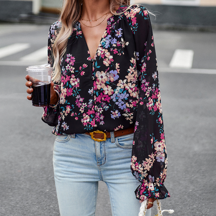 Blouse Femme Fluide à Imprimé Floral – Manches Longues Bouffantes – Col V Élégant – Look Décontracté Chic
