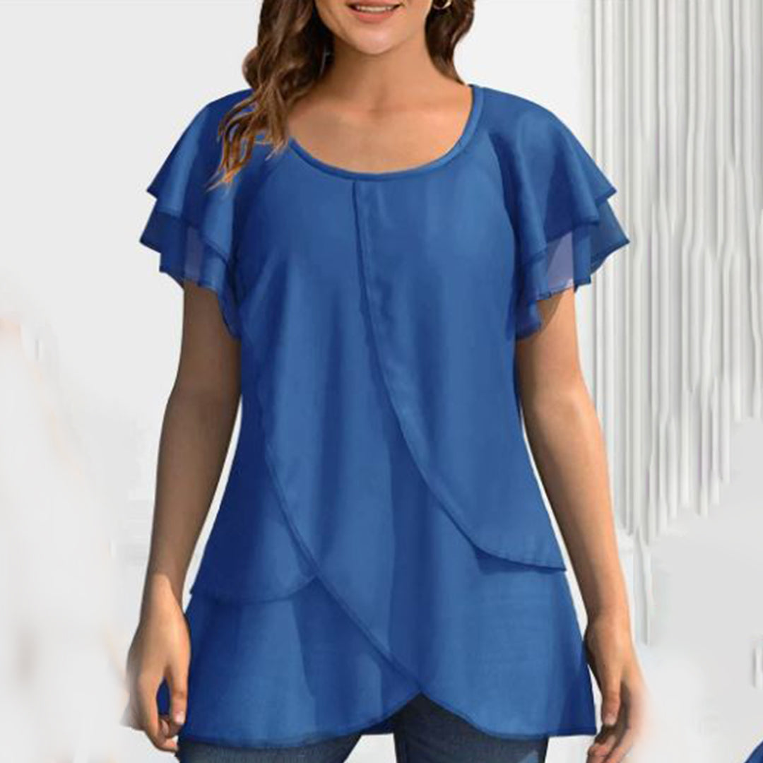 Blouse grande taille femme élégante – T-shirt fluide manches courtes à volants superposés