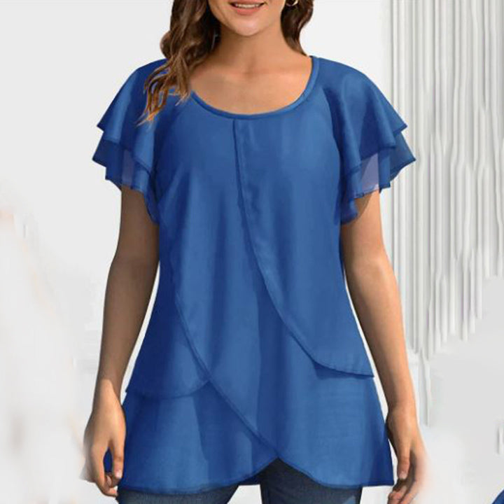 Blouse grande taille femme élégante – T-shirt fluide manches courtes à volants superposés