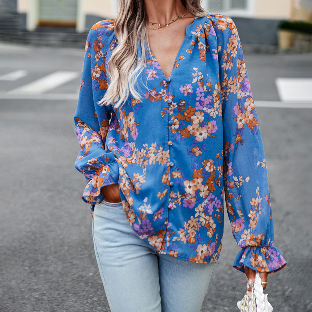 Blouse Femme Fluide à Imprimé Floral – Manches Longues Bouffantes – Col V Élégant – Look Décontracté Chic