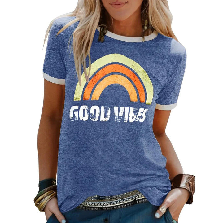 T-shirt femme imprimé rétro – Slogan "Good Vibes", coupe décontractée, col rond