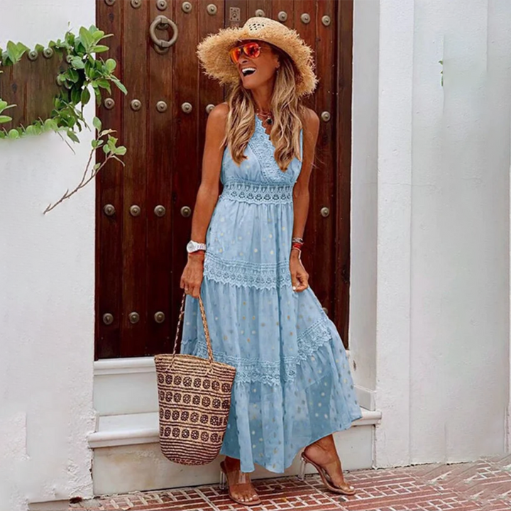 Robe Maxi Bohème Femme – Bretelles Dentelle & Jupe Longue à Volants – Parfaite pour l’Été