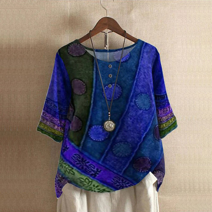 Blouse bohème femme manches 3/4 – Imprimé patchwork ethnique, col rond boutonné