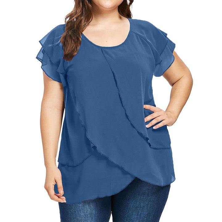 Blouse grande taille femme élégante – T-shirt fluide manches courtes à volants superposés