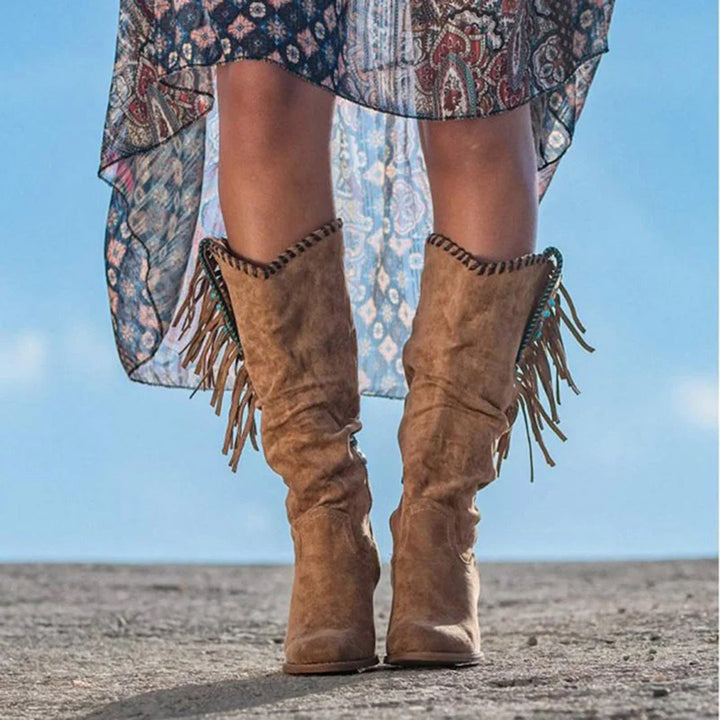 Bottes Femme Western à Franges – Talon Bloc Confort – Style Cowboy Bohème