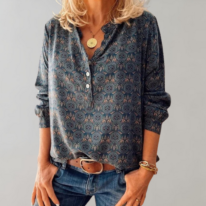 Blouse Femme Col V Boutonnée – Imprimé Bohème Violet