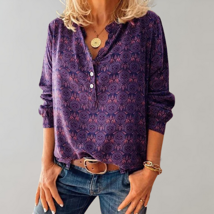 Blouse Femme Col V Boutonnée – Imprimé Bohème Violet
