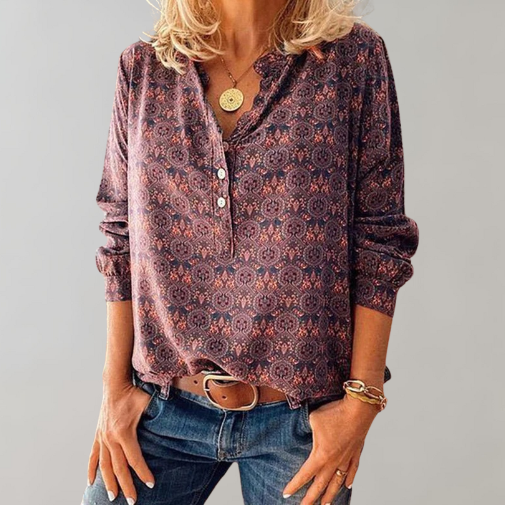 Blouse Femme Col V Boutonnée – Imprimé Bohème Violet