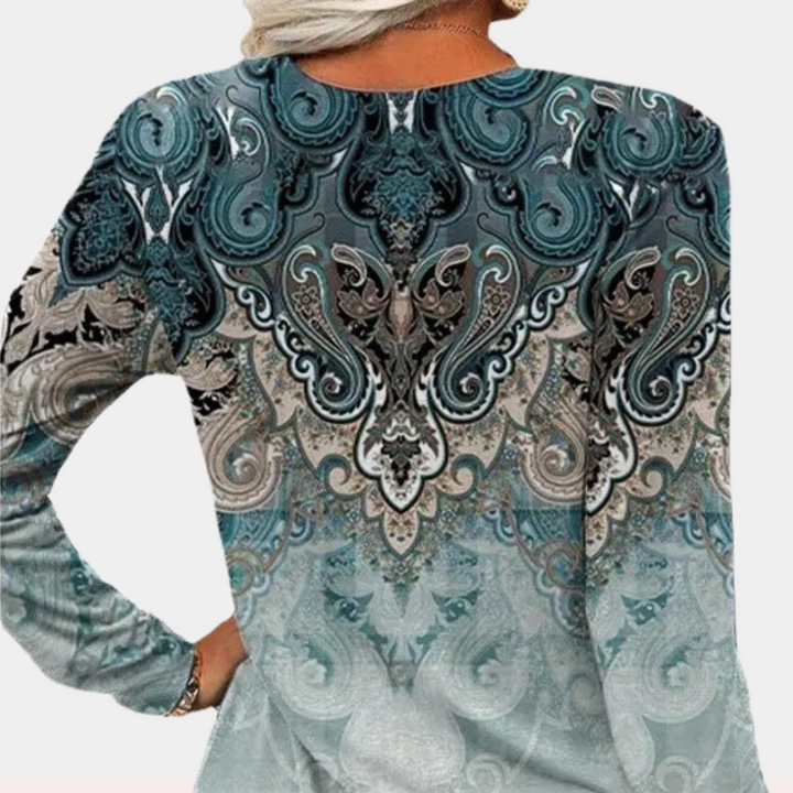 Blouse Femme Imprimée Ethnique – Manches Longues & Col Boutonné