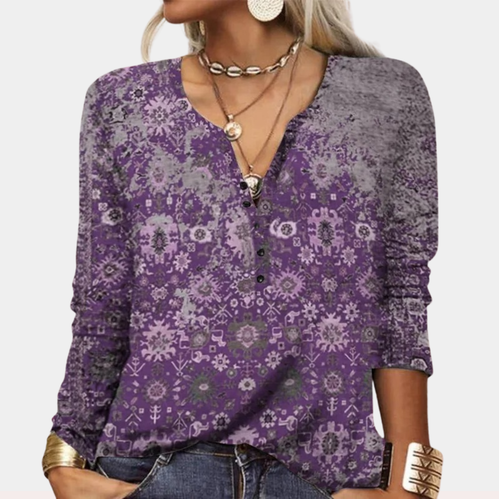 Blouse Femme Imprimée Ethnique – Manches Longues & Col Boutonné